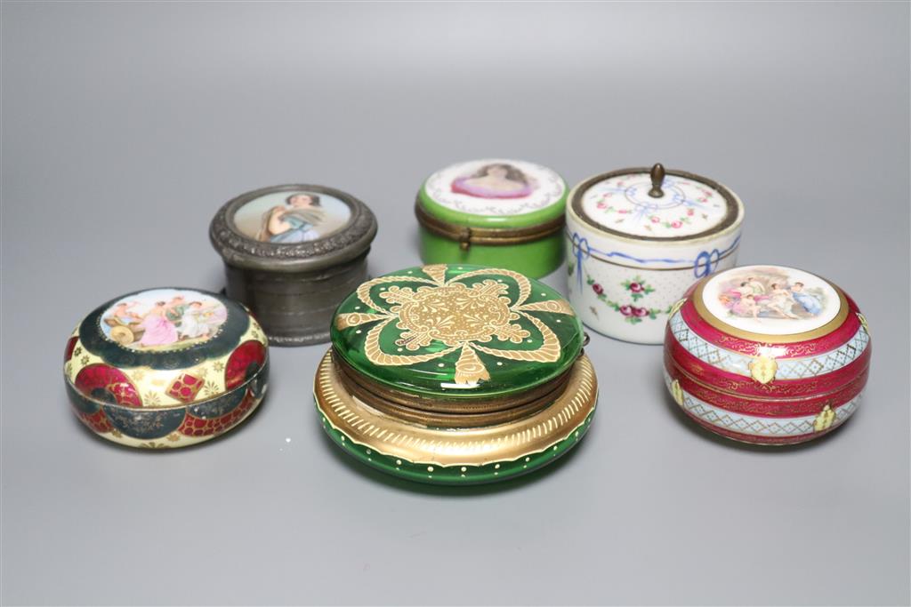 Six 19th century Continental circular trinket boxes, each covered, largest 13cm